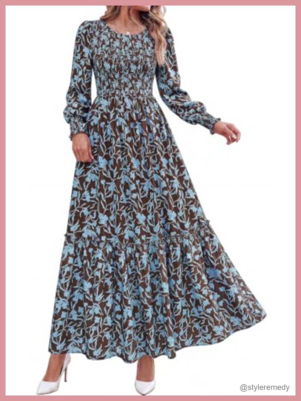 Womens Long Sleeve Floral Maxi Dress with Pockets Smocked Boho Fall